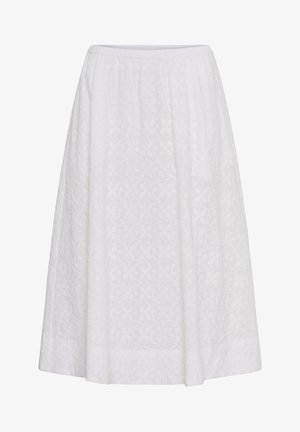 Fustă albă până la genunchi cu un model floral texturat subtil și talie elastică, potrivită pentru purtare casual sau formală.