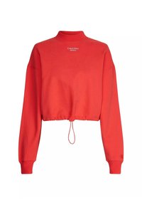 Rode cropped sweatshirt met een hoge hals, elastische zoom en trekkoord. Heeft het Calvin Klein-logo in het wit op de borst. Zachte stof.