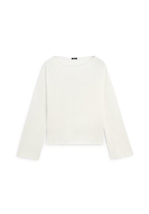 White long-sleeve crew neck sweater with a straight hem, displayed flat on a white background.