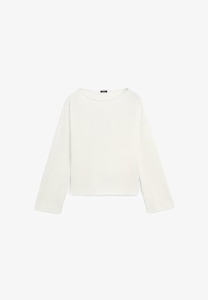 Witte trui met lange mouwen en ronde hals, met een rechte zoom, plat weergegeven op een witte achtergrond.