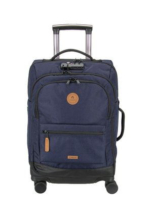 Navy blue rolling suitcase with telescoping handle, front zippered compartments, side handle, four wheels, and built-in combination lock.