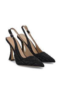 Tacchi slingback in suede nera con punta a punta, dettagli decorativi in perline e design del tacco geometrico. Finitura elegante e texture interessante.