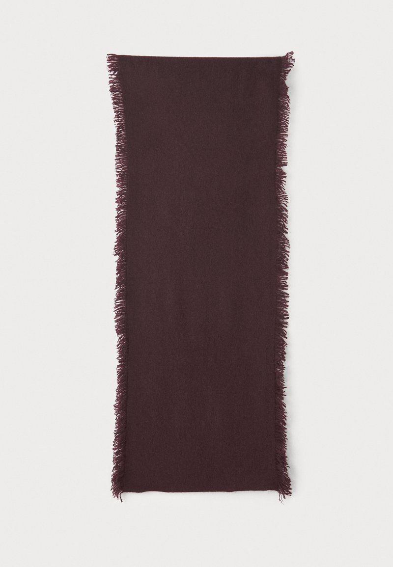 Sciarpa bordeaux realizzata in tessuto morbido, con una texture liscia e bordi frangiati per un tocco di dettaglio in più. Forma rettangolare e colore ricco.