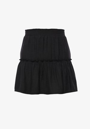 Jupe noire à volants avec une taille élastique. Le tissu semble léger et légèrement texturé, avec des accents de volants le long des volants.