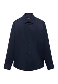 Camicia a maniche lunghe blu navy realizzata in tessuto liscio, dotata di colletto classico, chiusura frontale con bottoni e orlo arrotondato con polsini francesi.