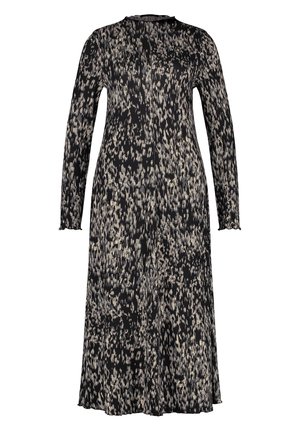 Zwarte midi-jurk met lange mouwen en hoge hals met abstract beige-wit gespikkeld patroon, met licht gerimpelde manchetten en zoom.