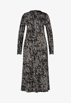 Zwarte midi-jurk met lange mouwen en hoge hals met abstract beige-wit gespikkeld patroon, met licht gerimpelde manchetten en zoom.