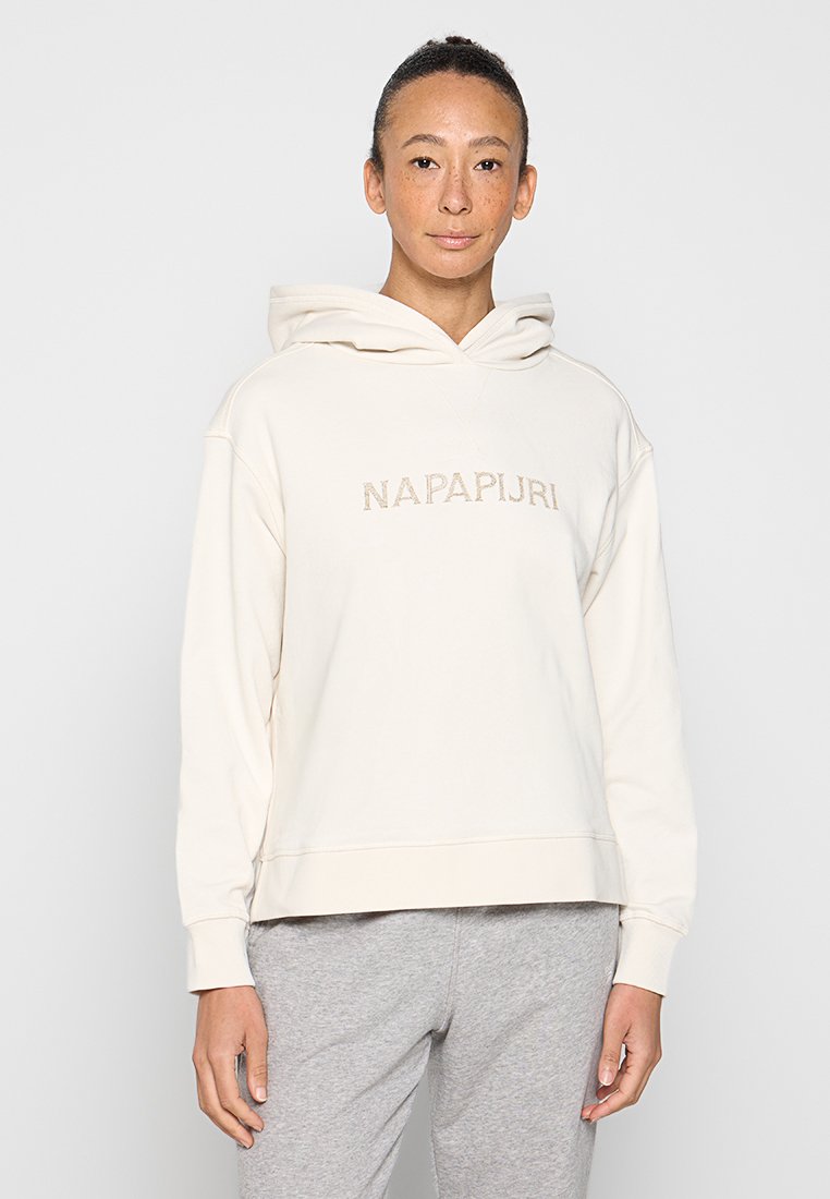 Hoodie color crema realizzato in morbido tessuto, con logo ricamato sul davanti, maniche lunghe e tasca a marsupio; vestibilità comoda.