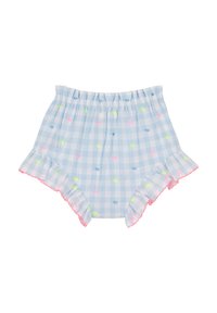 Niebiesko-białe niemowlęce bloomersy w kratę gingham z neonowo różowymi, zielonymi i niebieskimi kropkami, falbankami przy nogawkach oraz elastycznym paskiem w talii.