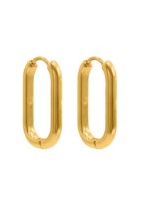 Boucles d'oreilles rondes dorées en forme d'ovale allongé, avec une surface lisse et polie et un design de fermeture sans couture.