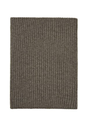 Knitted brown scarf with a ribbed texture, featuring a rectangular shape and soft, warm material. No visible branding or accents.