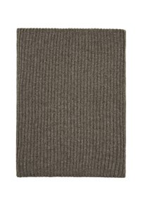 Sciarpa marrone lavorata a maglia con una texture a coste, caratterizzata da una forma rettangolare e un materiale morbido e caldo. Senza marchi o dettagli visibili.