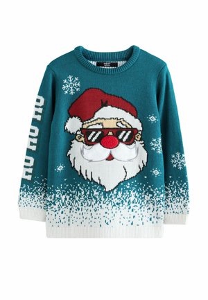 Türkisfarbiger Weihnachtspullover mit großem Gesicht des Weihnachtsmanns, der eine Sonnenbrille trägt, roter Nase und weißem Bart, verziert mit weißen Schneeflocken und gesprenkeltem Saum.