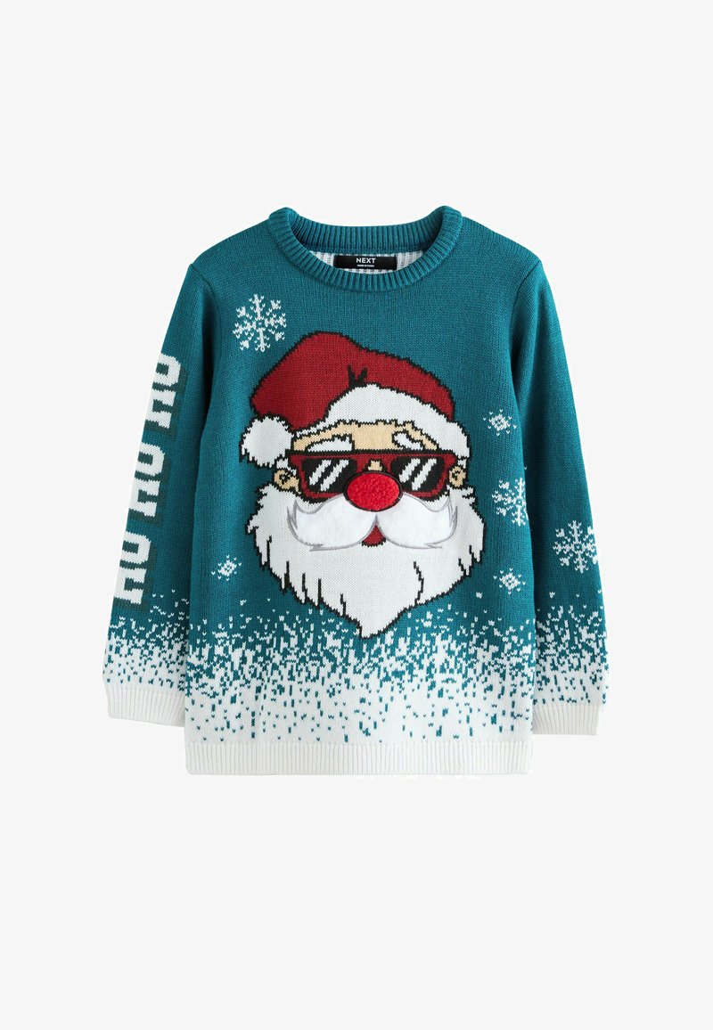 Türkisfarbiger Weihnachtspullover mit großem Gesicht des Weihnachtsmanns, der eine Sonnenbrille trägt, roter Nase und weißem Bart, verziert mit weißen Schneeflocken und gesprenkeltem Saum.