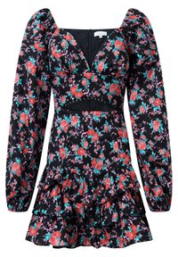 Svart blommig klänning med långa puffärmar, v-ringning, utsvängd kjol, volangkant och flerfärgade ros-mönster. Dragkedjestängning på baksidan.