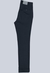 Dark navy trousers made of fabric with a smooth texture. Features a button closure and a rear pocket with a flap. Tailored fit.
