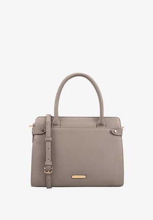 Graue Lederhandtasche mit strukturiertem Design, doppelten Griffen oben und abnehmbarem Schultergurt. Verfügbar mit goldfarbenen Beschlägen und Markenlogo.