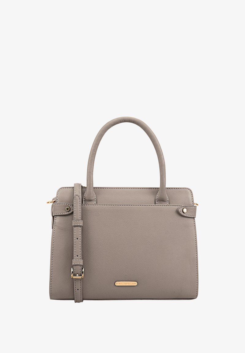 Sac à main en cuir gris avec une forme structurée, des poignées supérieures doubles et une bandoulière détachable. Présente du matériel en métal doré et un détail de marque.