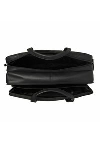 Schwarze Ledertasche mit zwei Traggriffen, ausgestattet mit einem geräumigen Innenraum und mehreren Fächern. Reißverschlussverschluss und glatte, strukturierte Oberfläche.