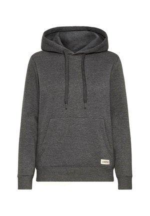 Grey hoodie made from soft fabric with a kangaroo pocket, drawstring hood, and ribbed cuffs. Features a small brand tag on the lower left.