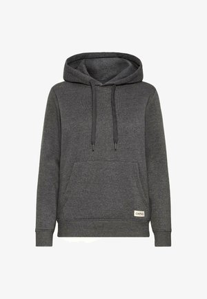 Grey hoodie made from soft fabric with a kangaroo pocket, drawstring hood, and ribbed cuffs. Features a small brand tag on the lower left.
