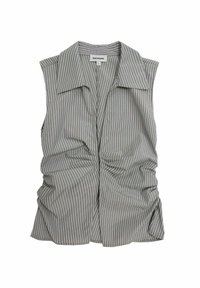 Beżowa, bezrękawnikowa koszulka w pionowe paski, z złożonym kołnierzykiem i marszczonymi bokami. Wykonana z lekkiego materiału w stonowanych kolorach.