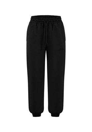 Zwarte unisex joggerbroek met elastische tailleband, trekkoord, zijzakken en elastische boorden, geschikt voor casual of sportief gebruik.
