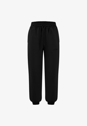 Zwarte unisex joggerbroek met elastische tailleband, trekkoord, zijzakken en elastische boorden, geschikt voor casual of sportief gebruik.