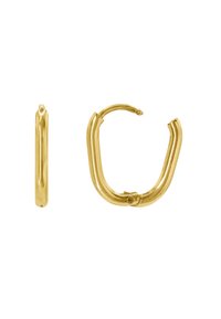 Goldene Creolen mit einem glatten, abgerundeten Design. Die Oberfläche ist glänzend, mit einer polierten Oberfläche und einem sicheren Scharnierverschluss.