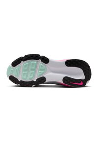 Black rubber outsole with patterned traction grips; mint green midsole and pink accents. Smooth white and grey overlays on the upper.