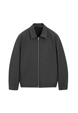 Giacca grigia con zip frontale, realizzata in tessuto testurizzato, caratterizzata da un colletto e polsini a coste. Design semplice ed elegante.