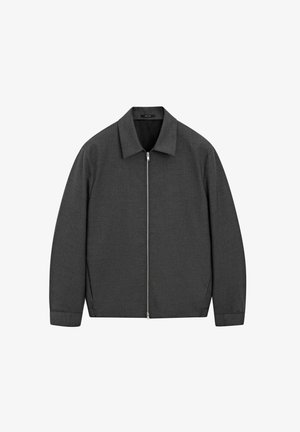 Gray jacket with a zip front, made of textured fabric, featuring a collared neck and ribbed cuffs. Simple and sleek design.