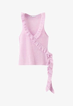 Bezruk top nježno roza boje, izrađen od pletenog materijala, s dubokim V-izrezom i naboranim rubom koji se dijagonalno spušta niz jednu stranu i završava dugim visećim naborom.