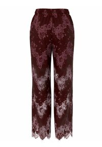 Vīna krāsas mežģīņu bikses ar elastīgu vidukli, platām kājām un ziedu rakstu ar izgriezumu apakšmalu. Caurspīdīgs materiāls.