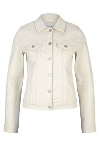 Giacca di jeans color crema con taglio classico, chiusura frontale con bottoni, due tasche sul petto e maniche lunghe. Texture morbida con bottoni argentati.