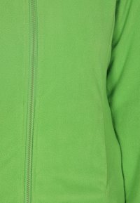Giacca in pile di un verde brillante con una texture liscia, dotata di zip centrale e senza ulteriori decorazioni.