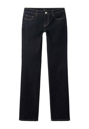 Donkerblauwe straight-leg jeans met voorzakken, riemlussen en een knoopsluiting aan de voorkant op een witte achtergrond.