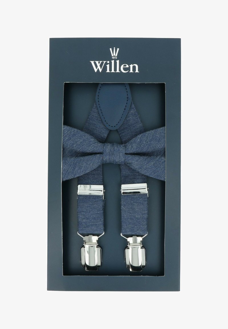 Navy blue fabric suspenders with a bow tie design and silver clip hardware, presented in a dark blue branded box.