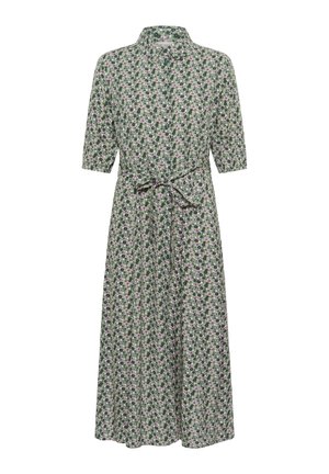 Blumenkleid mit kragenförmigem Ausschnitt, kurzen Ärmeln und einem Bindegürtel. Hat einen grünen Hintergrund mit kleinen lila und weißen Blumen.