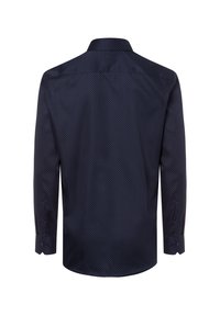 Marineblaue Langarmbluse mit einem dezenten weißen Punktmuster, klassischem Kragen und abgerundetem Saum, aus glattem Stoff gefertigt.