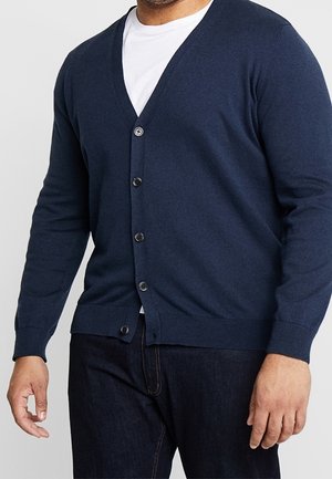 Marineblauer Cardigan aus Strickstoff mit V-Ausschnitt, langen Ärmeln und fünf Knöpfen auf der Vorderseite.