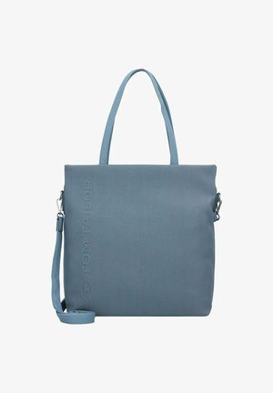 Borsa a tote blu chiaro con un esterno in tessuto testurizzato, dotata di doppi manici superiori e una tracolla regolabile. Dettaglio logo discreto sulla parte anteriore.