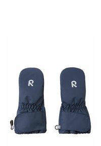 Granatowe rękawiczki z elastycznym mankietem, zewnętrzną tkaniną i gładkim, wewnętrznym podszyciem. Posiadają małe białe logo oraz boczne klamry do zabezpieczania.