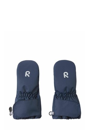 Granatowe rękawiczki z elastycznym mankietem, zewnętrzną tkaniną i gładkim, wewnętrznym podszyciem. Posiadają małe białe logo oraz boczne klamry do zabezpieczania.