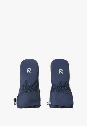 Navy blue mittens with elasticated wrist, outer fabric, and a smooth inner lining. Features a small white logo and side clips for securing.