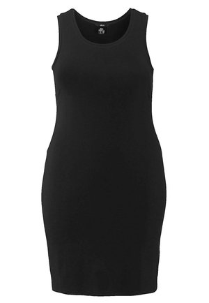Black sleeveless dress with a fitted design. Made of smooth fabric, featuring a round neckline and no visible patterns or hardware.