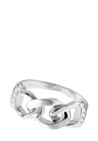 Bague en argent sterling avec des maillons de chaîne interconnectés. Présente des textures brossées et polies, agrémentées de petites pierres claires sur un côté.