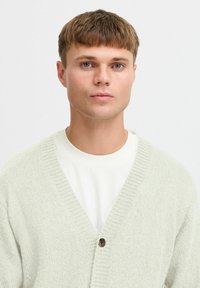 Cardigan verde claro con un tejido texturizado, escote en V profundo y un cierre de botón marrón, llevado sobre una camiseta blanca de cuello redondo.
