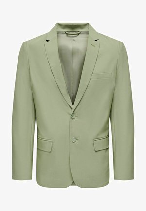 Jasnozielona marynarka wykonana z gładkiego materiału, z klapkami, dwiema guzikami i dwoma przednimi kieszeniami oraz jedną kieszenią na piersi.