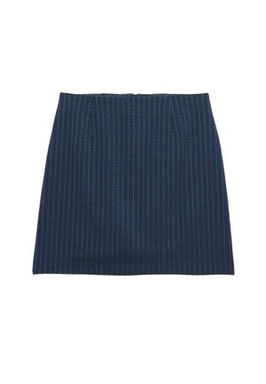 Marineblå nederdel med lodrette hvide nålestriber, lige snit og lette læg ved taljen.